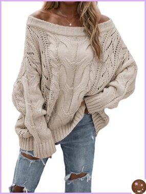 Womens Off The Shoulder Oversized Chunky Knit Sweater Long Sleeve